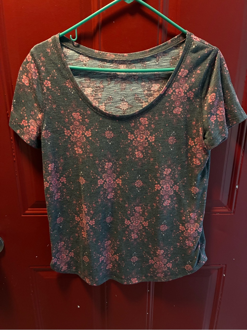 Mudd Green Short Sleeve Tee with Pink Floral Print